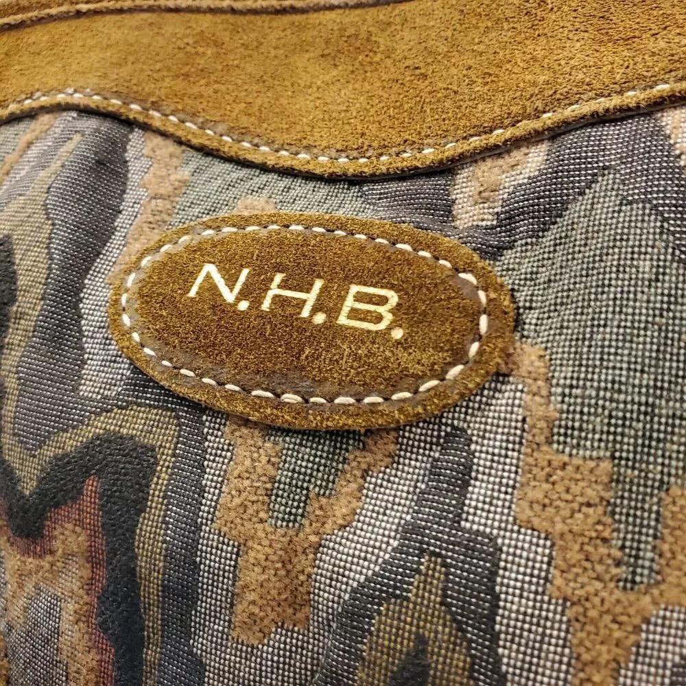 Vintage NEIMAN MARCUS Travel Bag Brown Suede Tapestry Geometric Oversize Padlock
